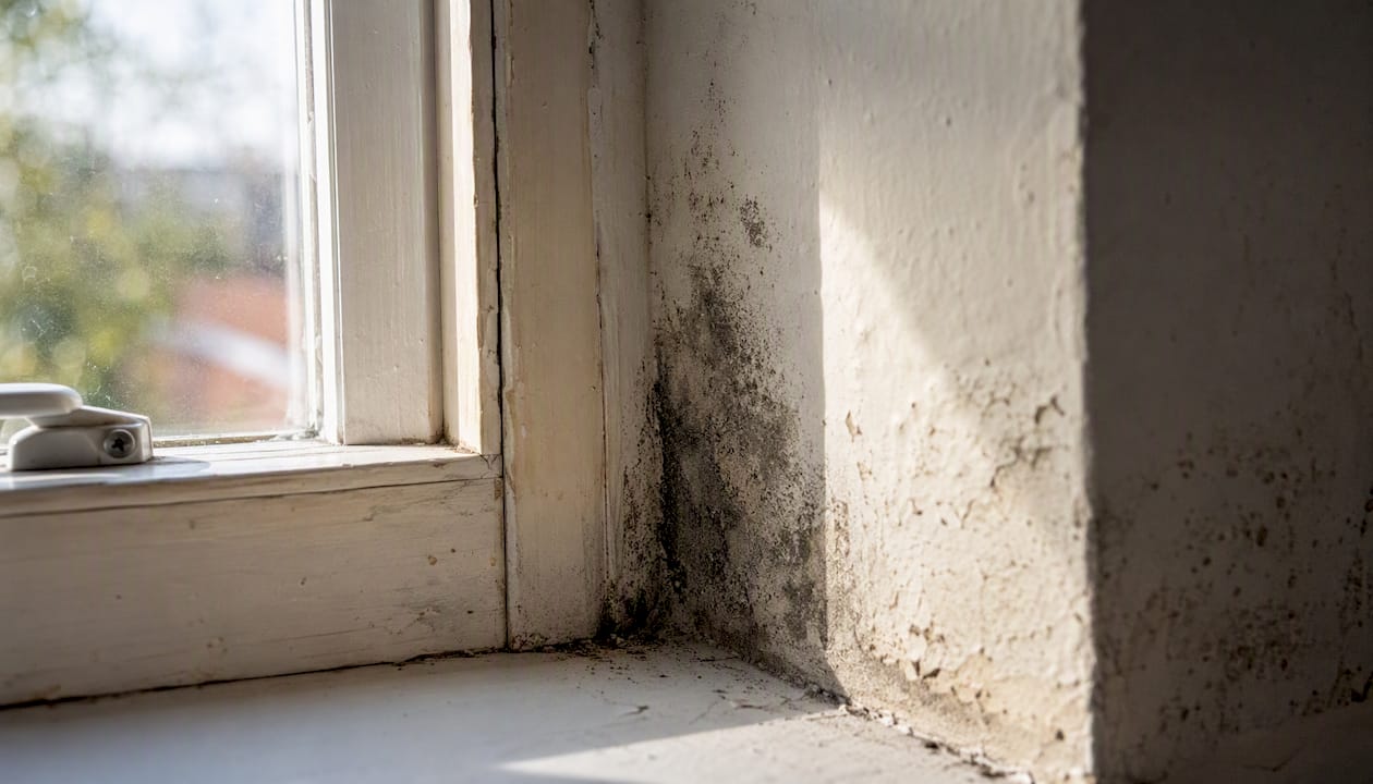 Mould on window reveal close-up interior