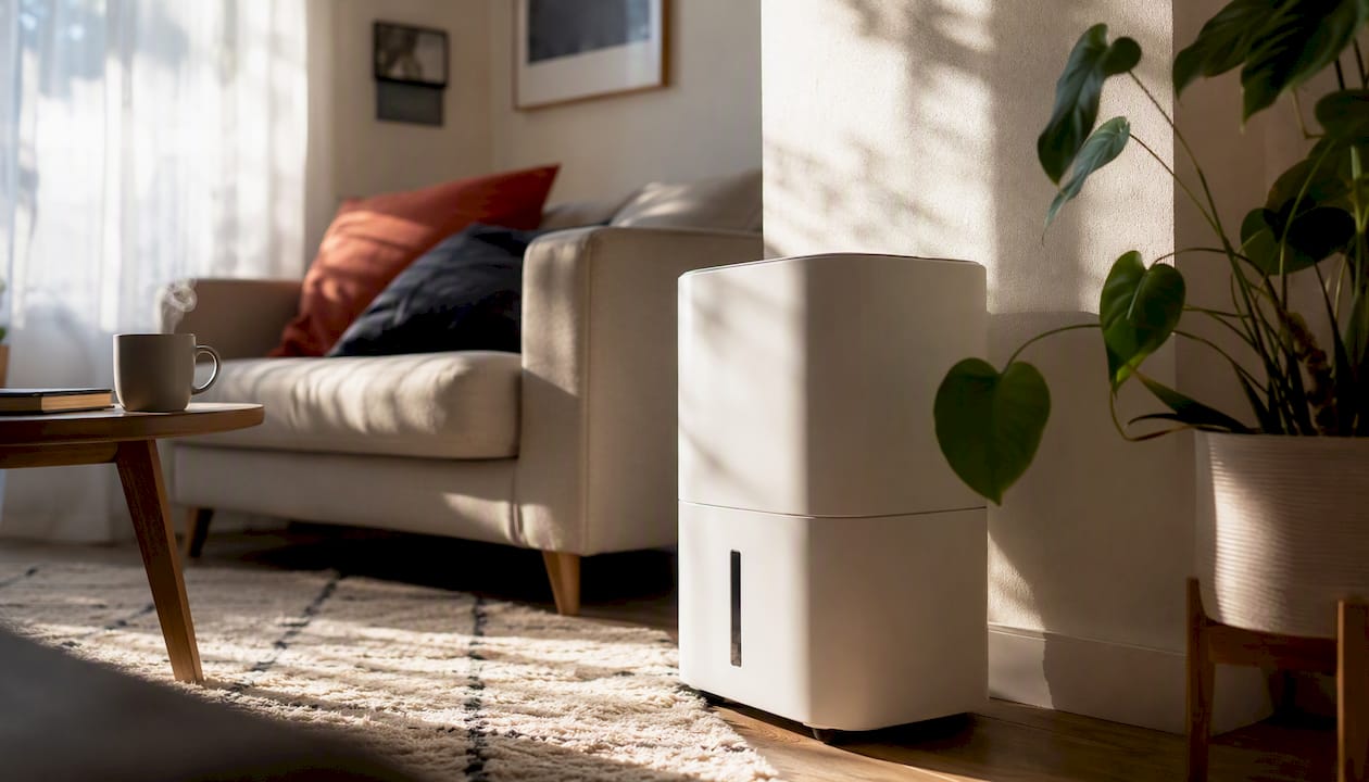 Dehumidifier in UK living room corner