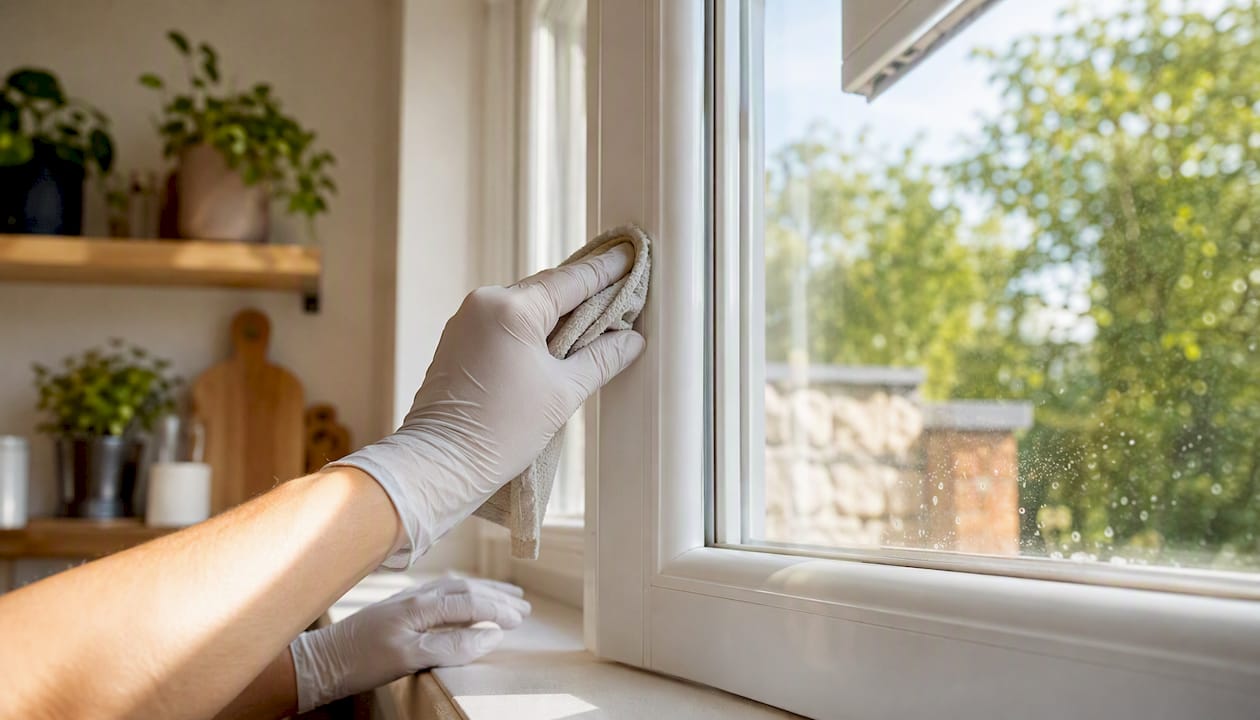 Hands cleaning mould on uPVC window reveal