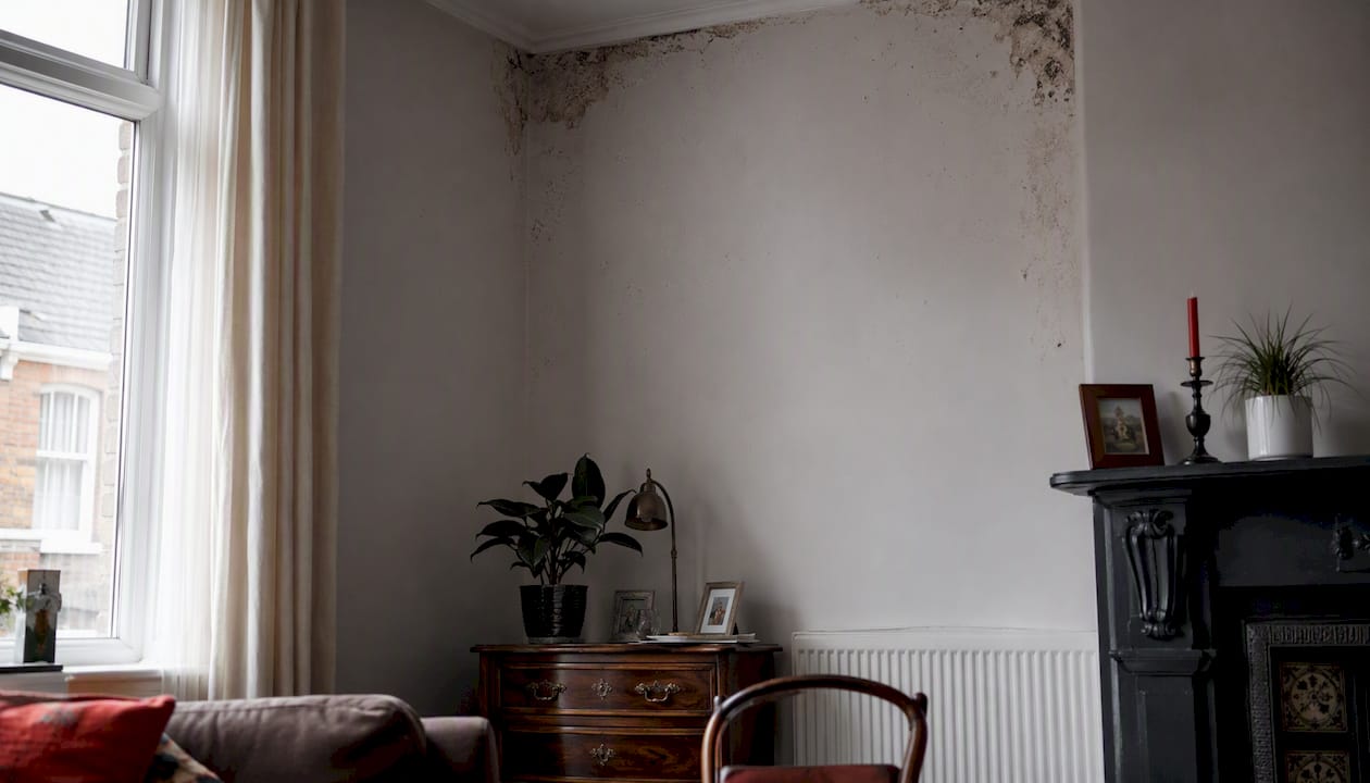 Speckled mould patches on cold north-facing wall