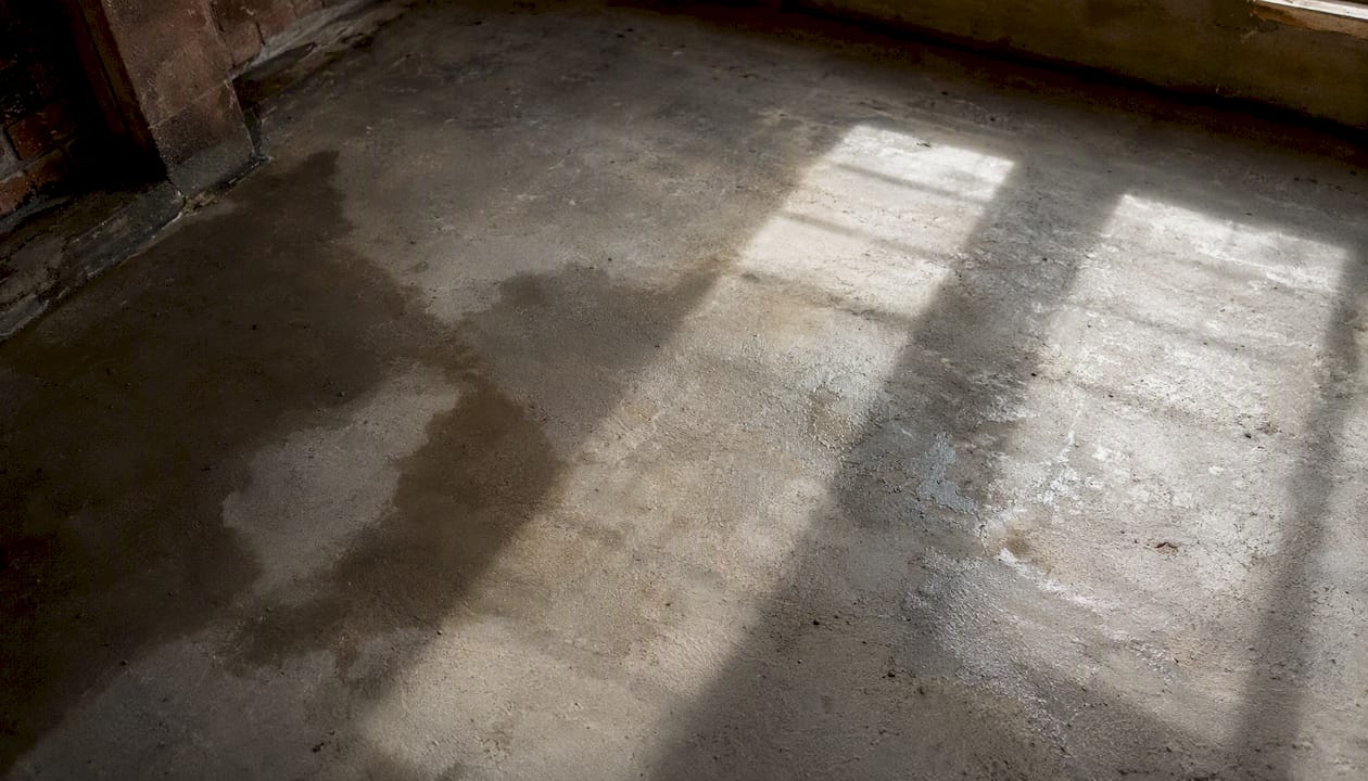 Damp concrete slab with moisture stains close-up