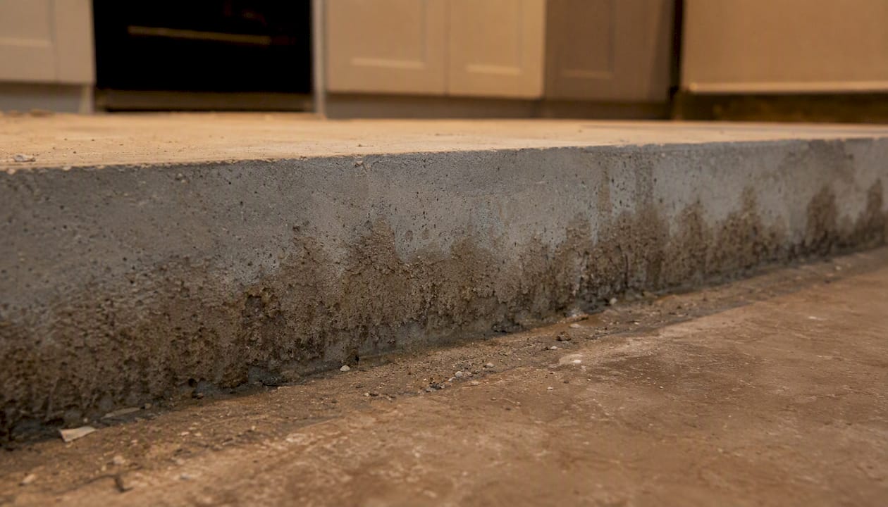 Moisture rising visibly through porous concrete slab edge