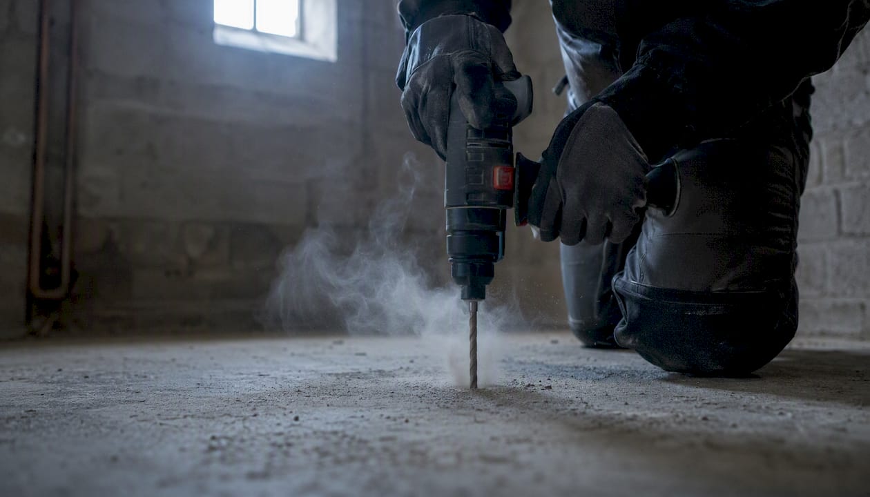 Technician drilling hole into concrete slab for moisture testing