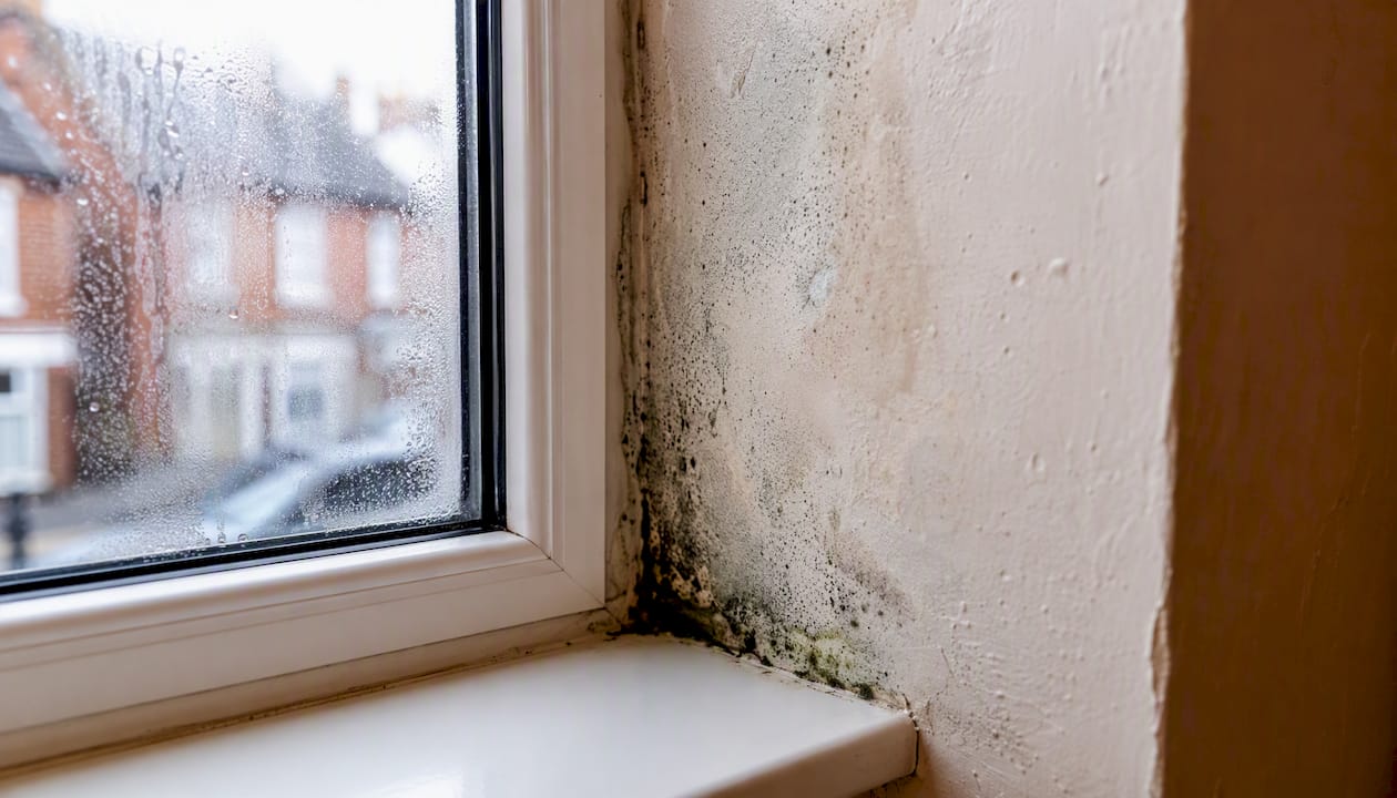 Condensation on cold window reveal thermal bridge