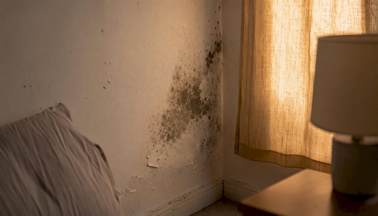 Bedroom wall corner with visible mould growth