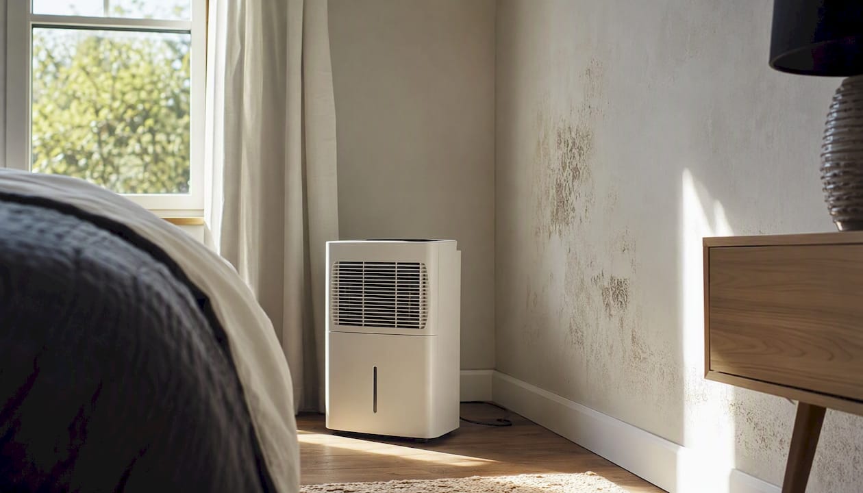 Dehumidifier drying damp bedroom wall after mould