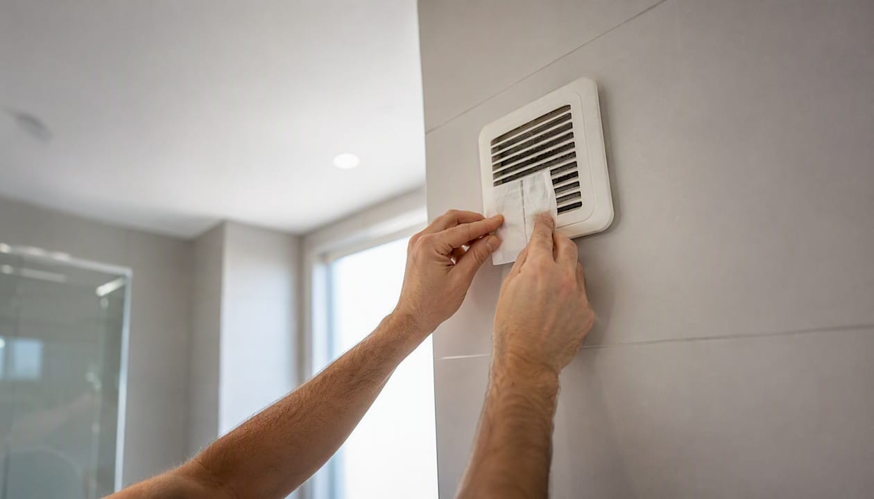 Hands holding toilet paper against extractor fan grille