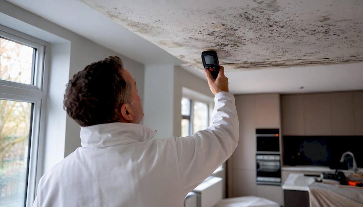 Tradesperson measuring moisture on mouldy ceiling