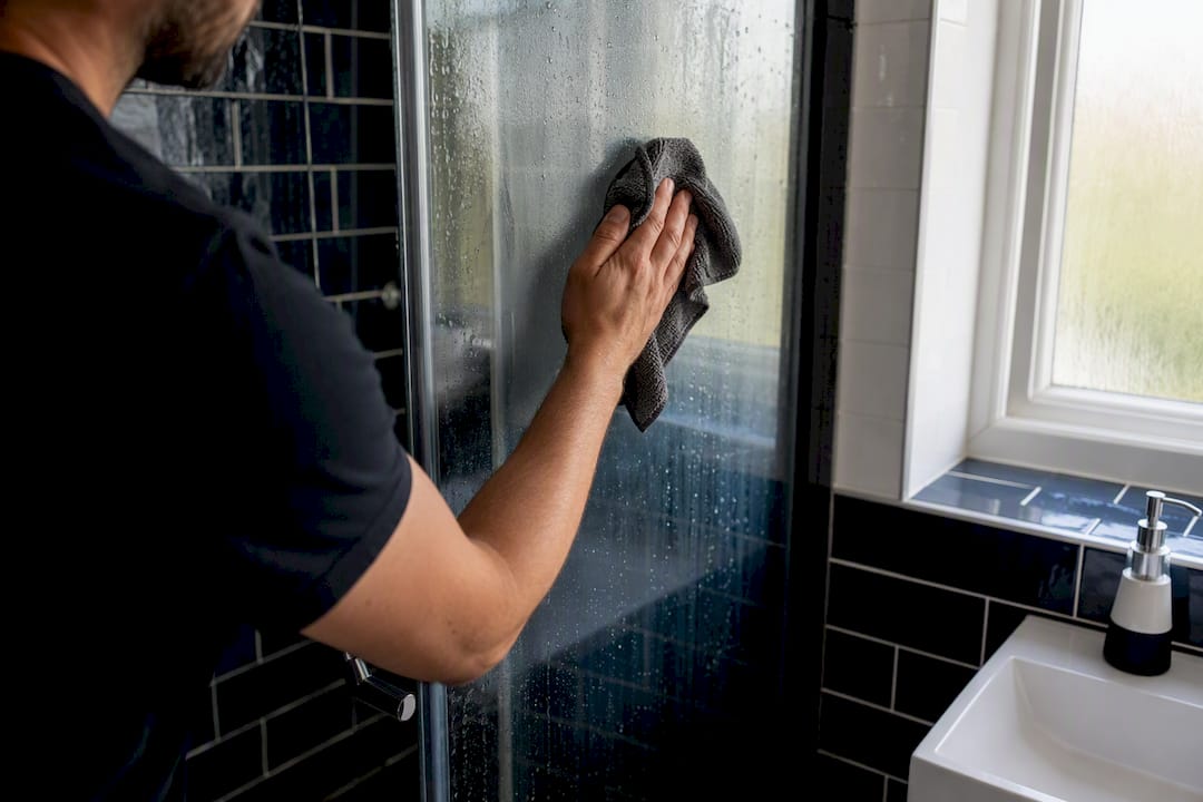 Hand wiping bathroom tiles after shower