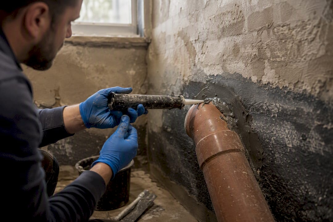Close-up of sealing soil pipe in basement wall
