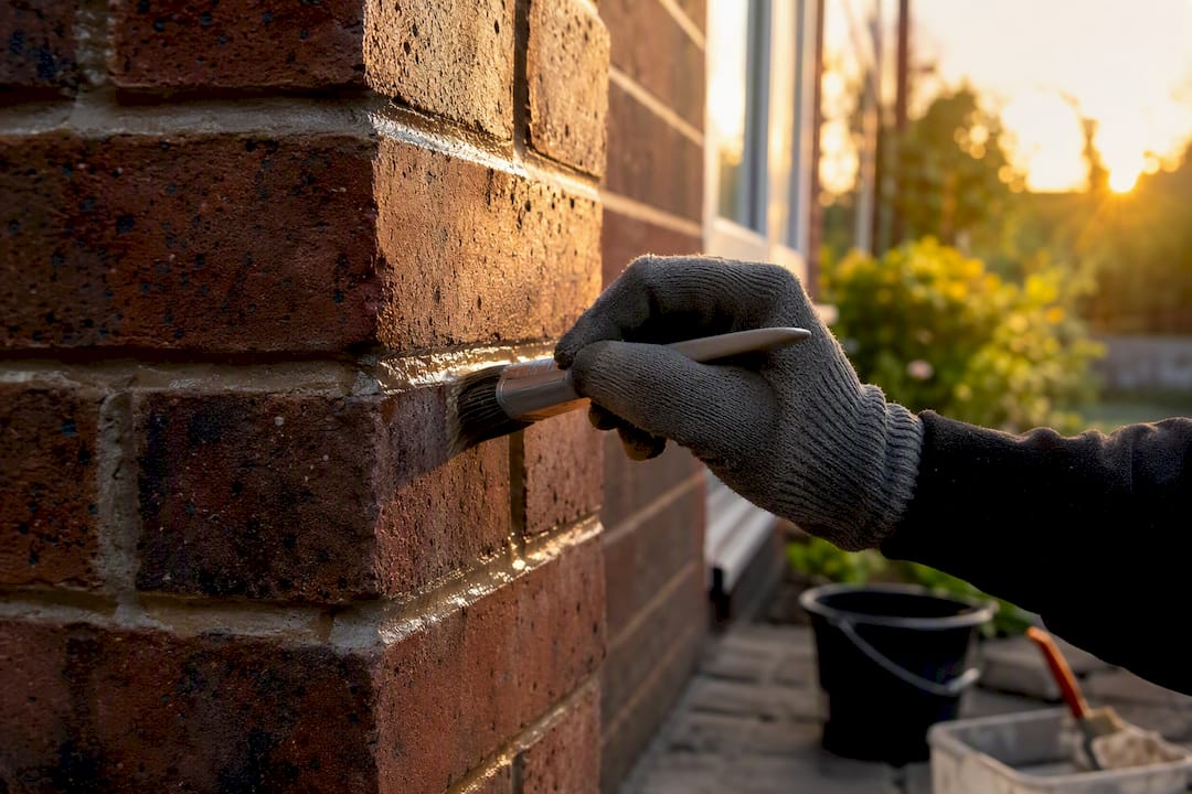 Gloved hand sealing brickwork to prevent damp