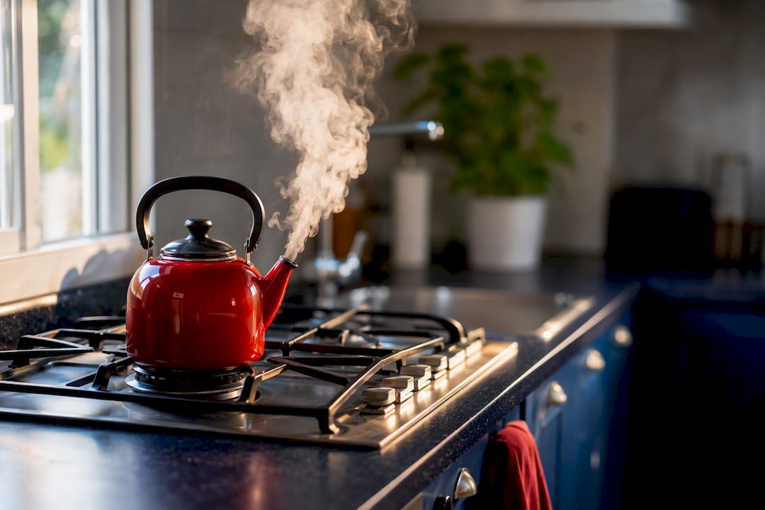 Steam rising from kettle on stovetop