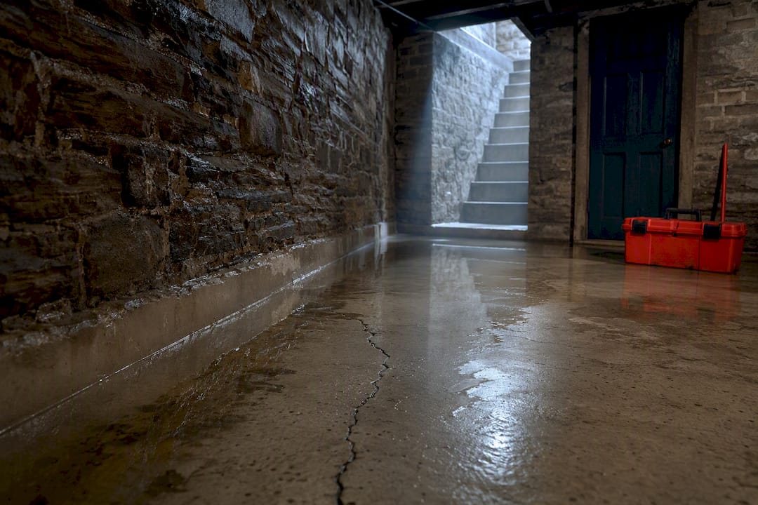 Floodwater collecting along a basement cove joint