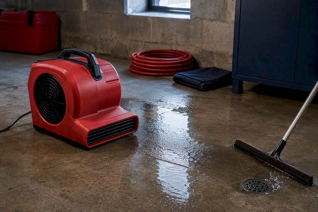 Air mover drying a flooded basement floor