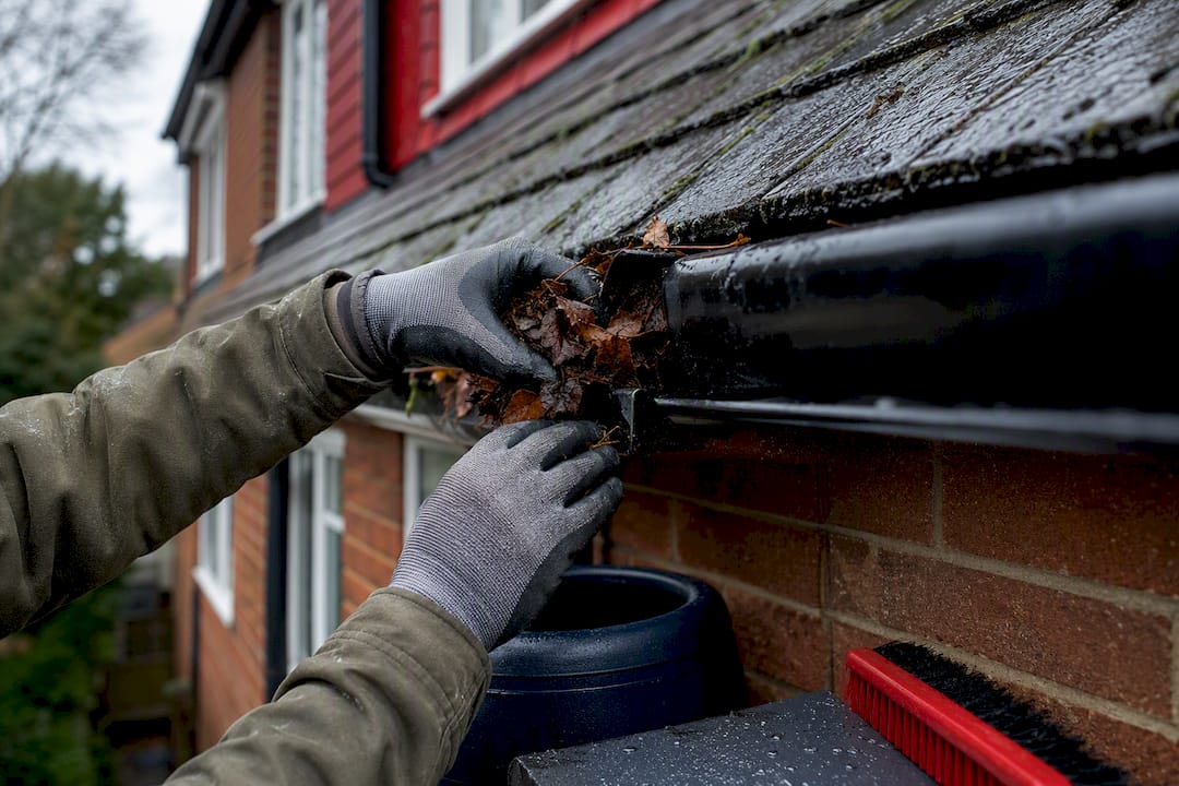Clearing a house gutter before heavy rain