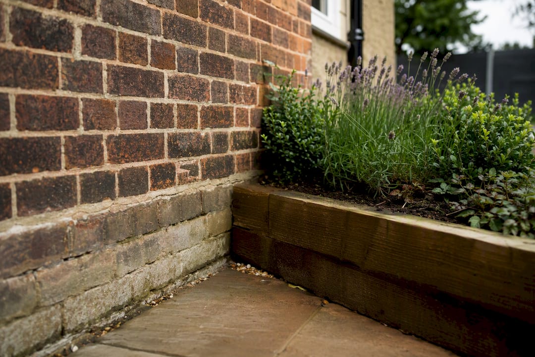 Raised flower bed bridging an exterior wall