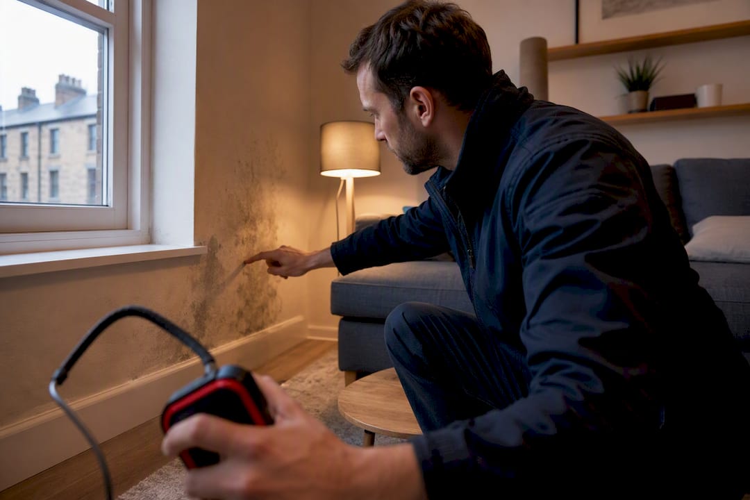 Surveyor inspecting mould near rental window