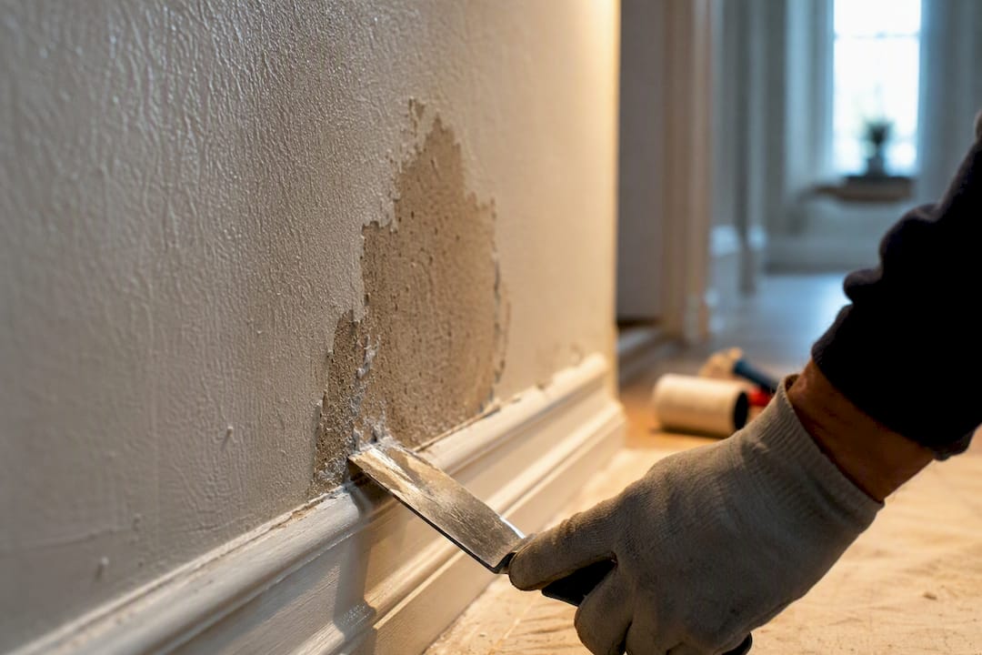 Inspecting damp proof paint on masonry wall