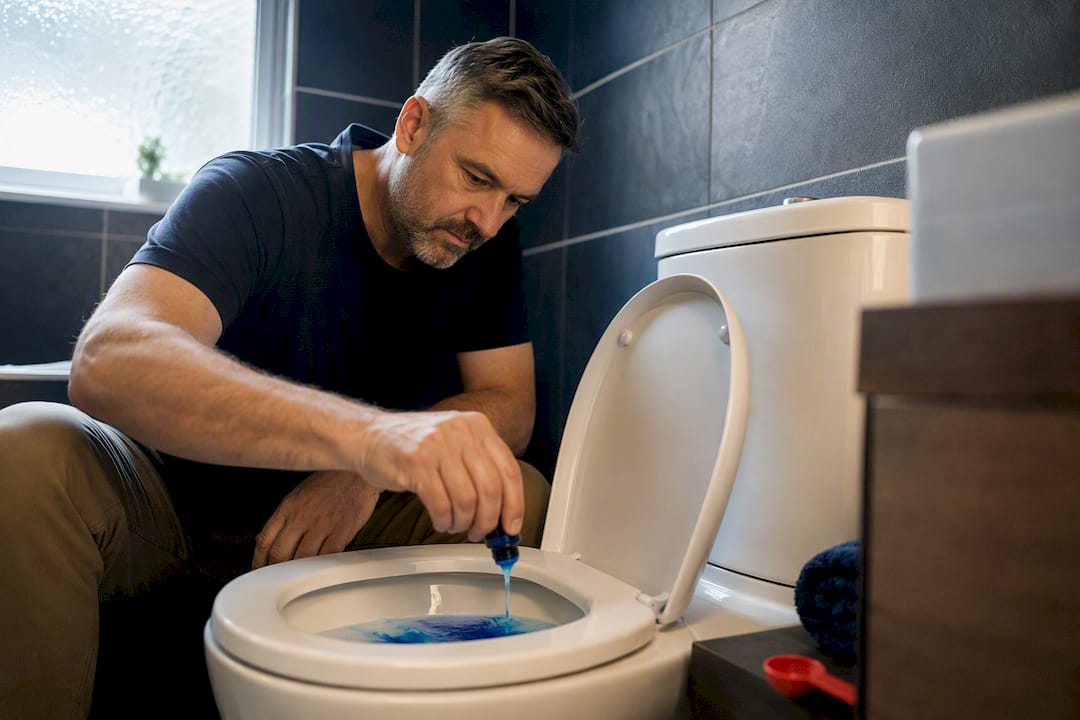 Blue dye being added to toilet water