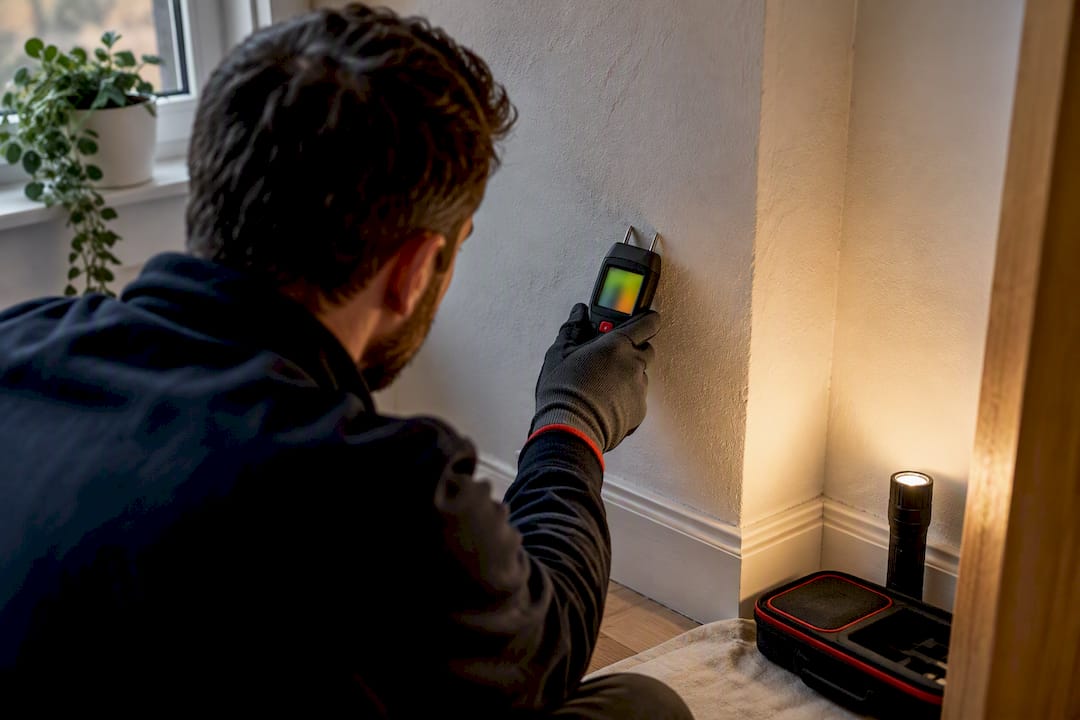 Moisture probe testing plaster during survey