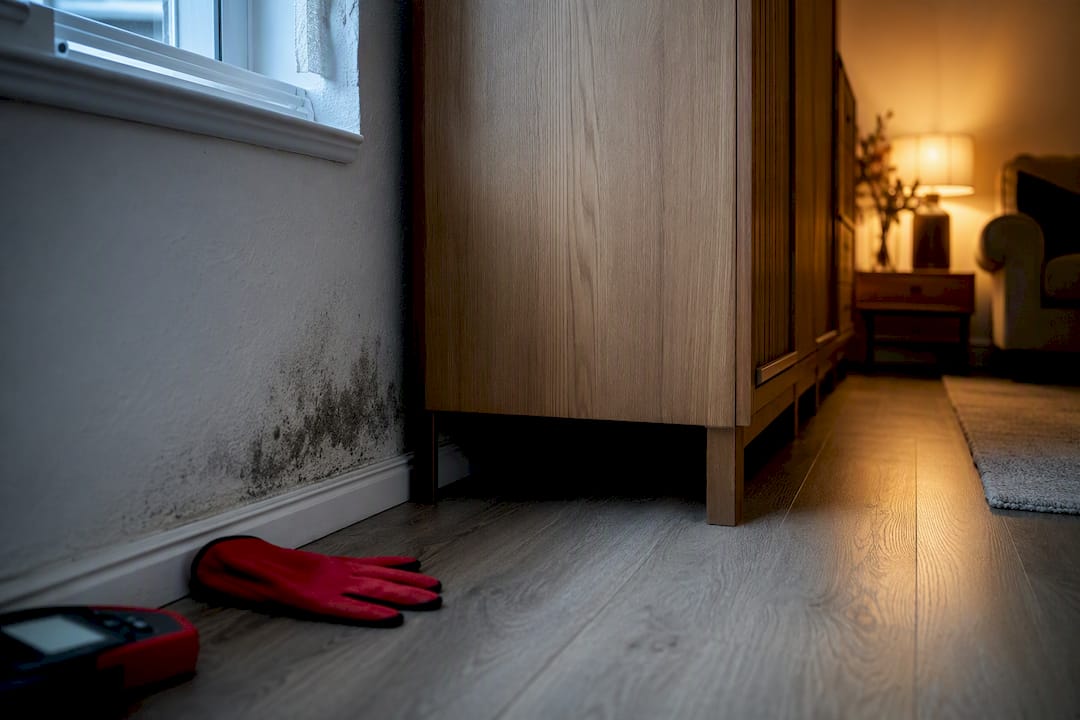 Mould visible behind wardrobe against wall