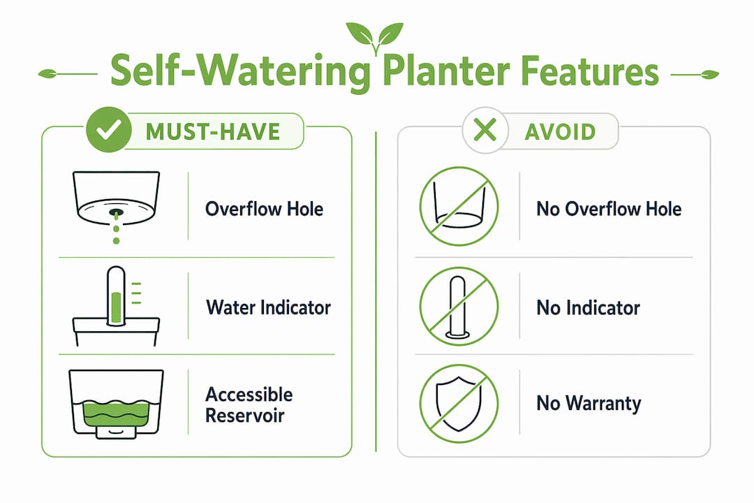 Infographic illustrating key self-watering planter features to choose or avoid
