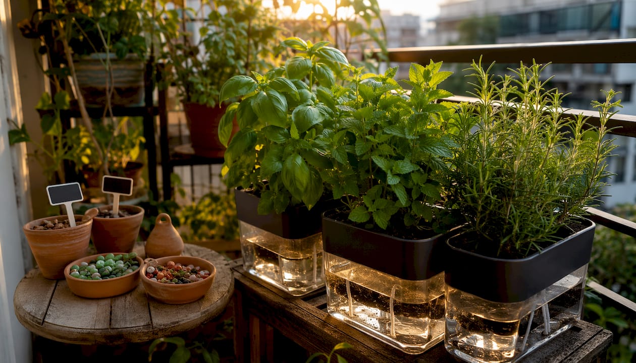 Healthy peppers and tomatoes in self-watering planters overhead view