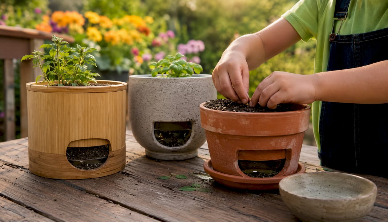 Different material self-watering planters on windowsill