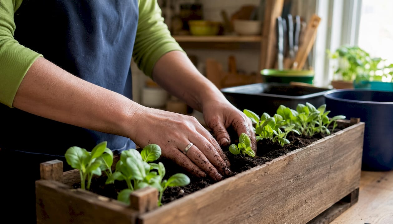 Hands holding moist soil with vegetable seedlings