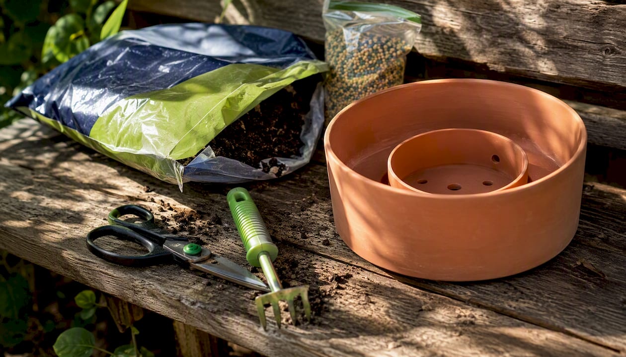 Top view of potting mix and fertilizer with planter
