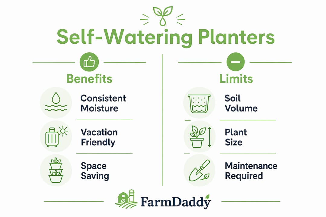 Infographic showing benefits and limits of self-watering planters