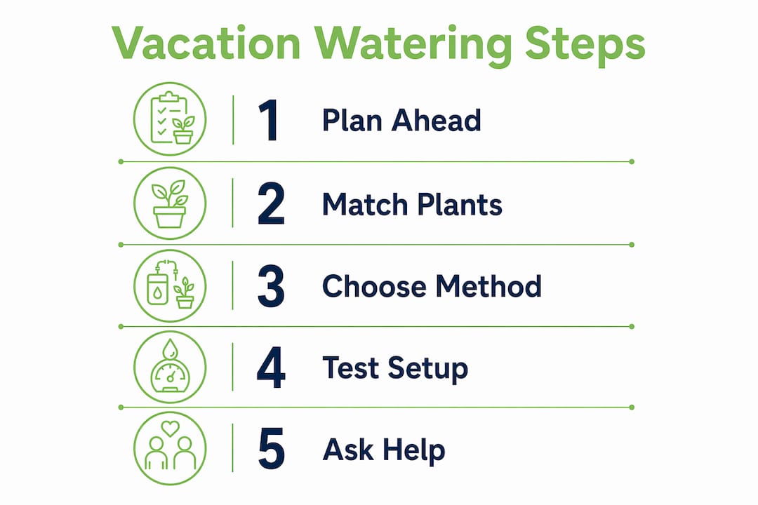 Infographic showing key steps for vacation plant watering