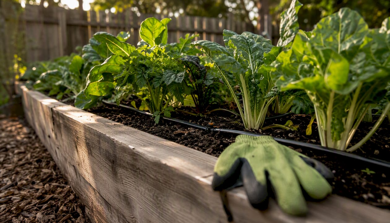 Drip irrigation setup in raised vegetable bed