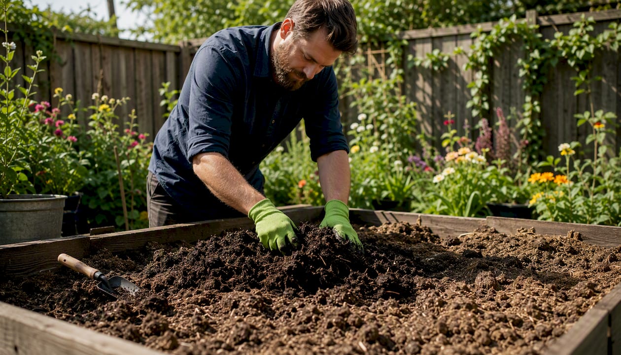 Hands mixing compost into soil in raised bed