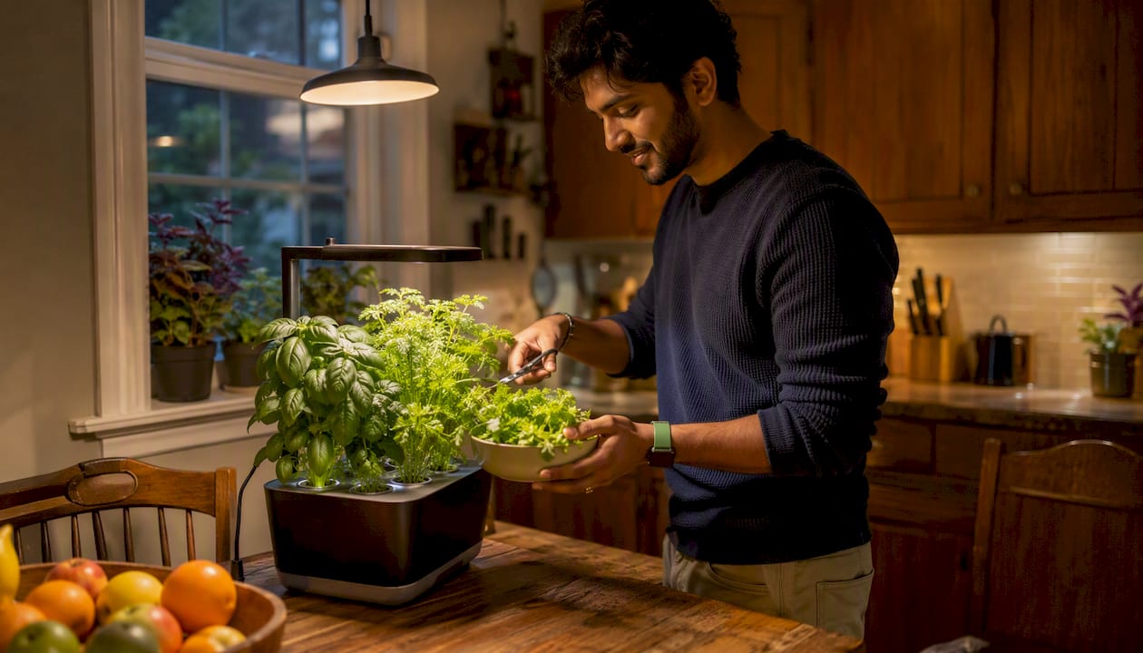 Young man harvesting hydroponic tomatoes indoors