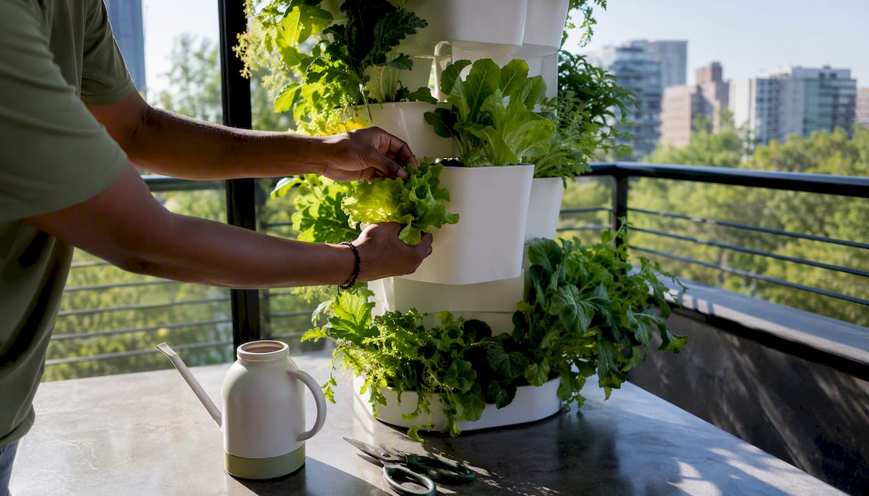 Hands pruning vertical Lettuce Grow plants indoors