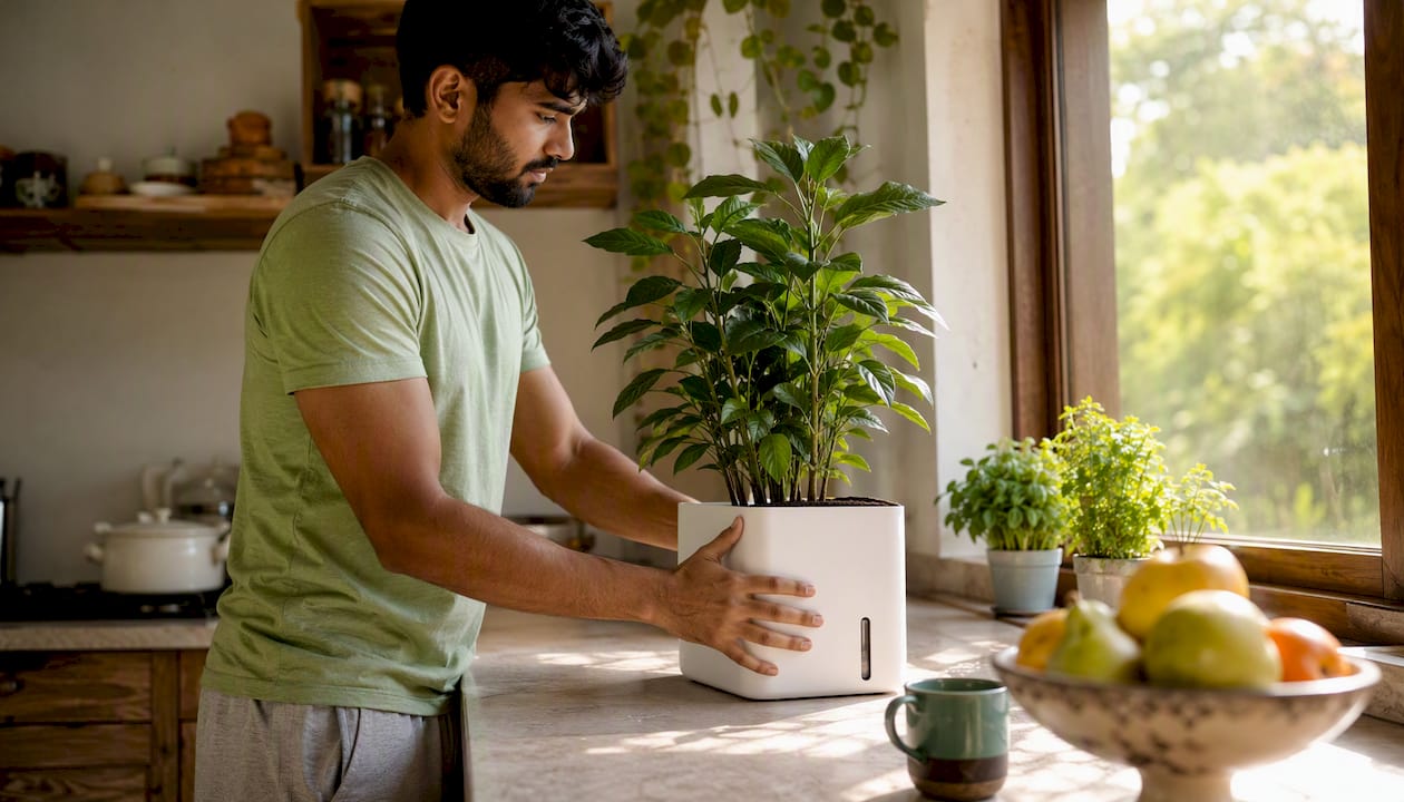 Man arranging premium indoor self-watering planter