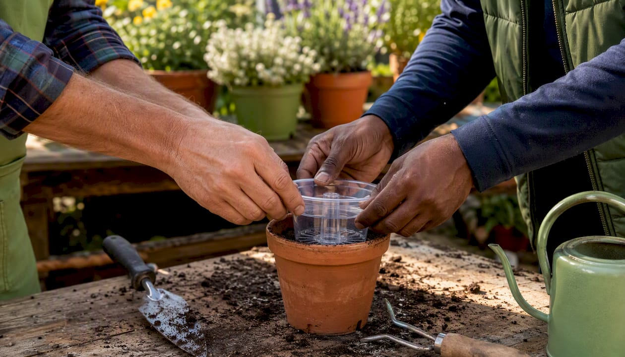 Hands installing self-watering insert into pot outside