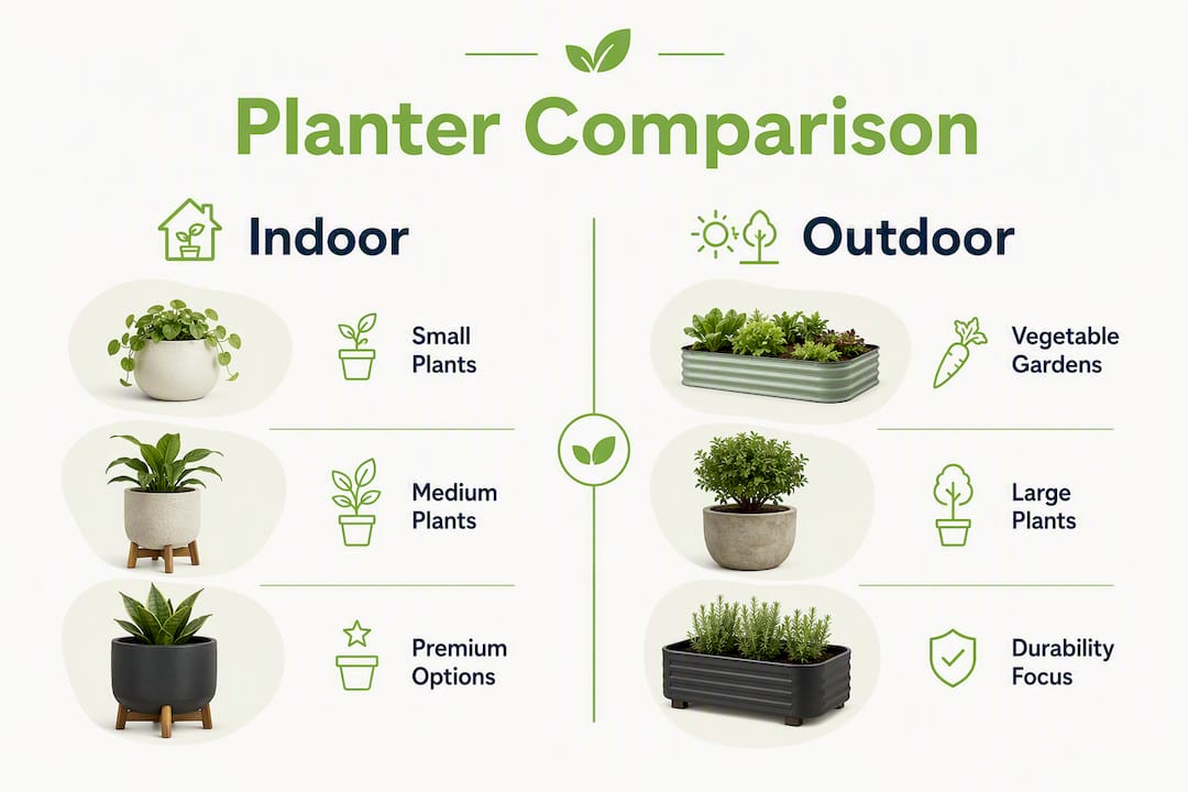 Infographic comparing indoor and outdoor self-watering planters