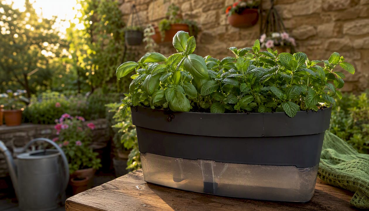 Close-up of self-watering container with herbs