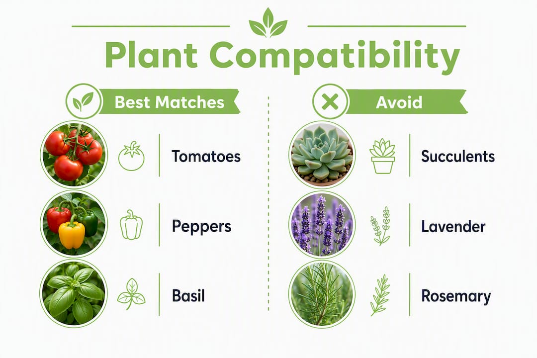 Infographic comparing plant compatibility for self-watering containers