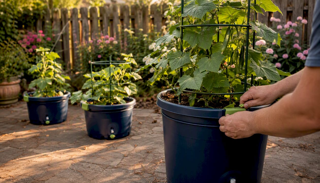 Different sized cucumber growing containers with trellises