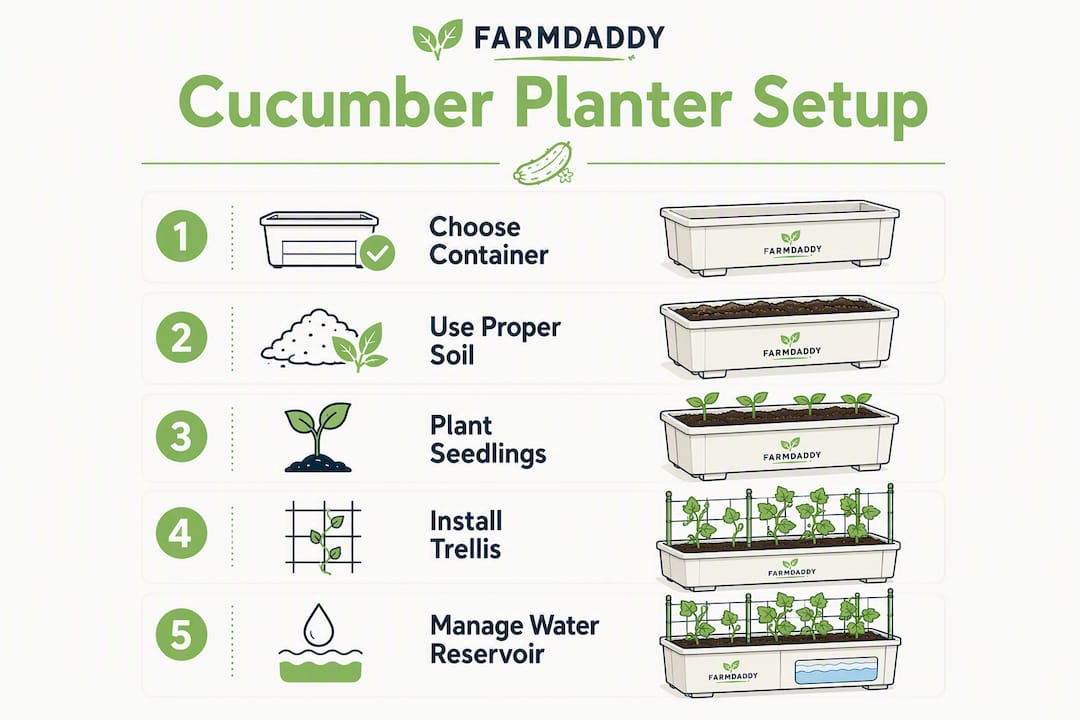 Infographic showing step-by-step cucumber planter setup