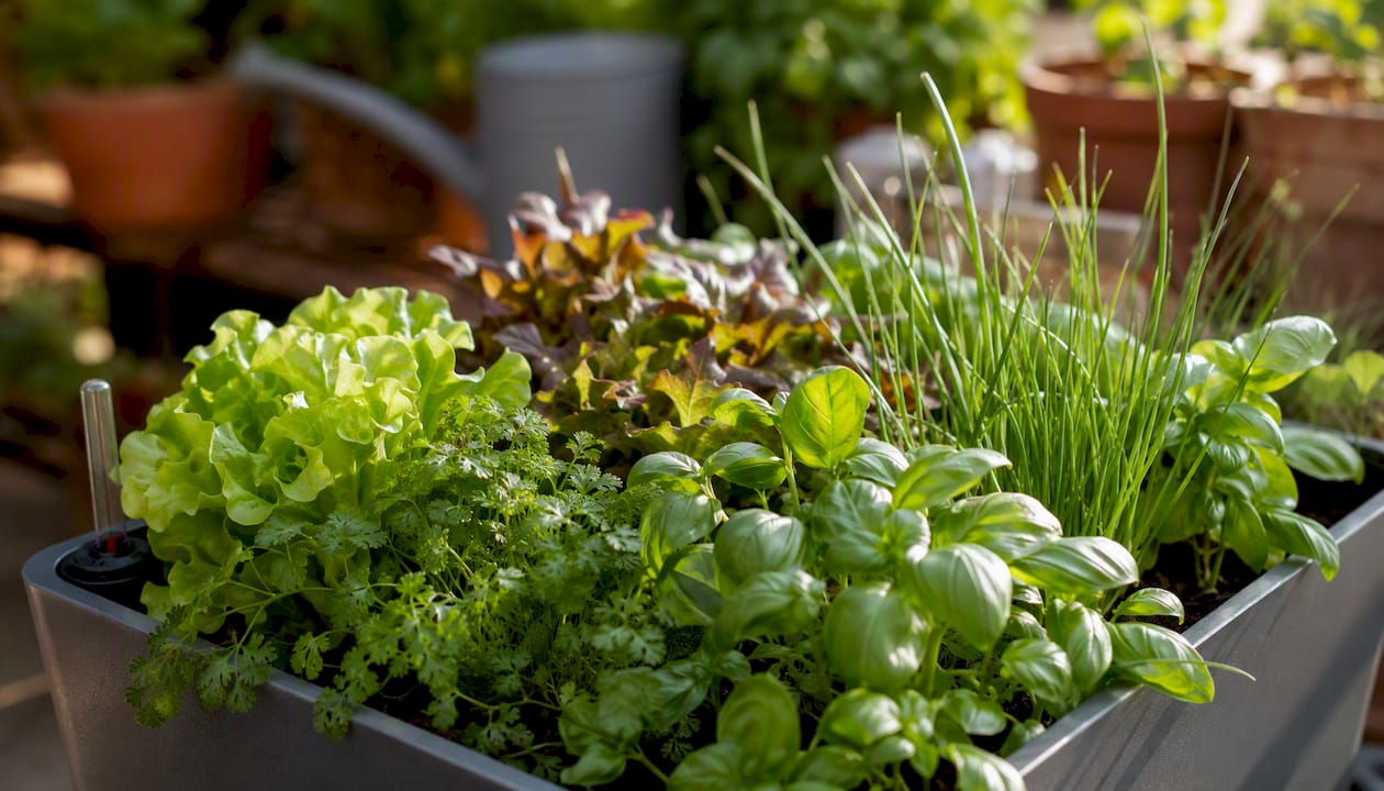 Multiple compatible plants growing together in container