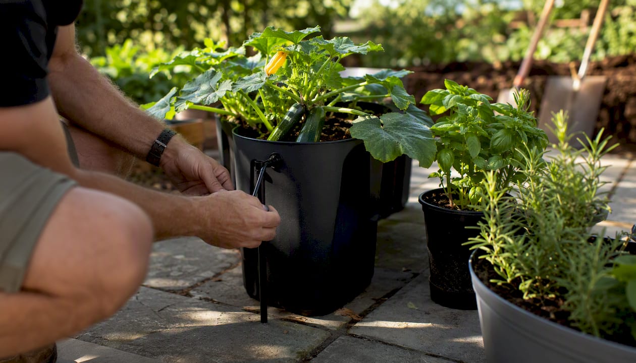 Hands adjusting irrigation for container plants