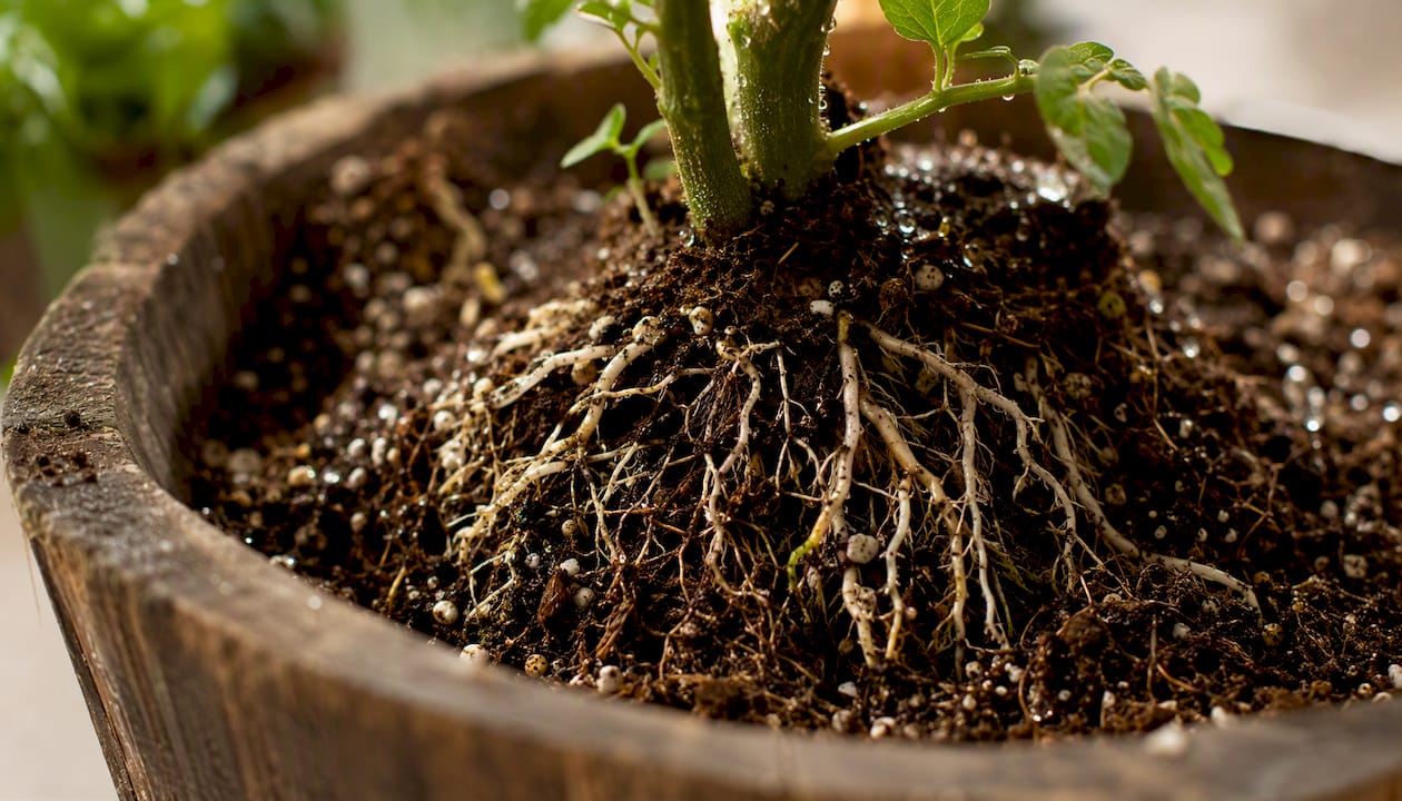 Close-up of tomato plant roots in moist soil