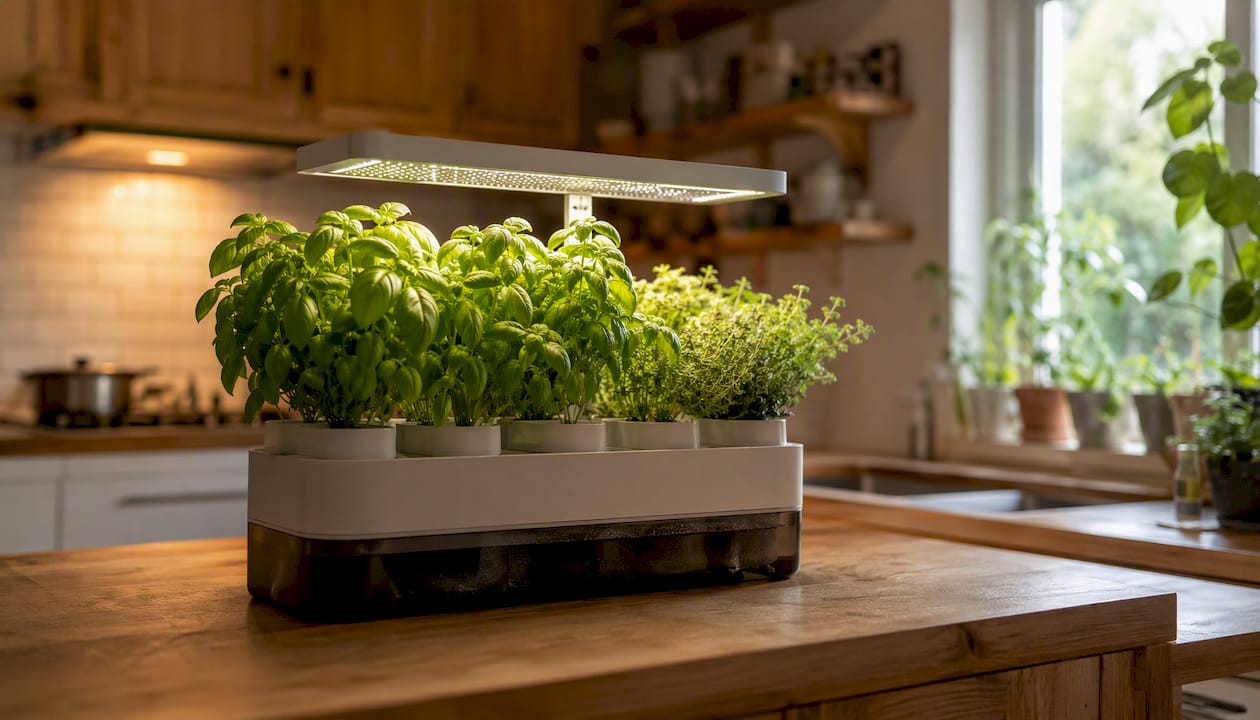 Countertop hydroponic garden with lit grow pods