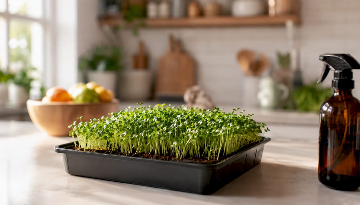 Microgreen tray with fresh sprouts on windowsill