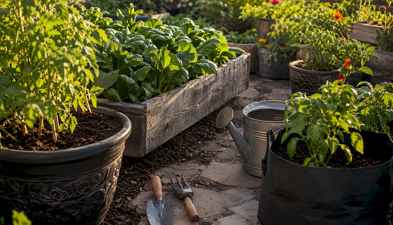 Different vegetable containers with quality potting soil
