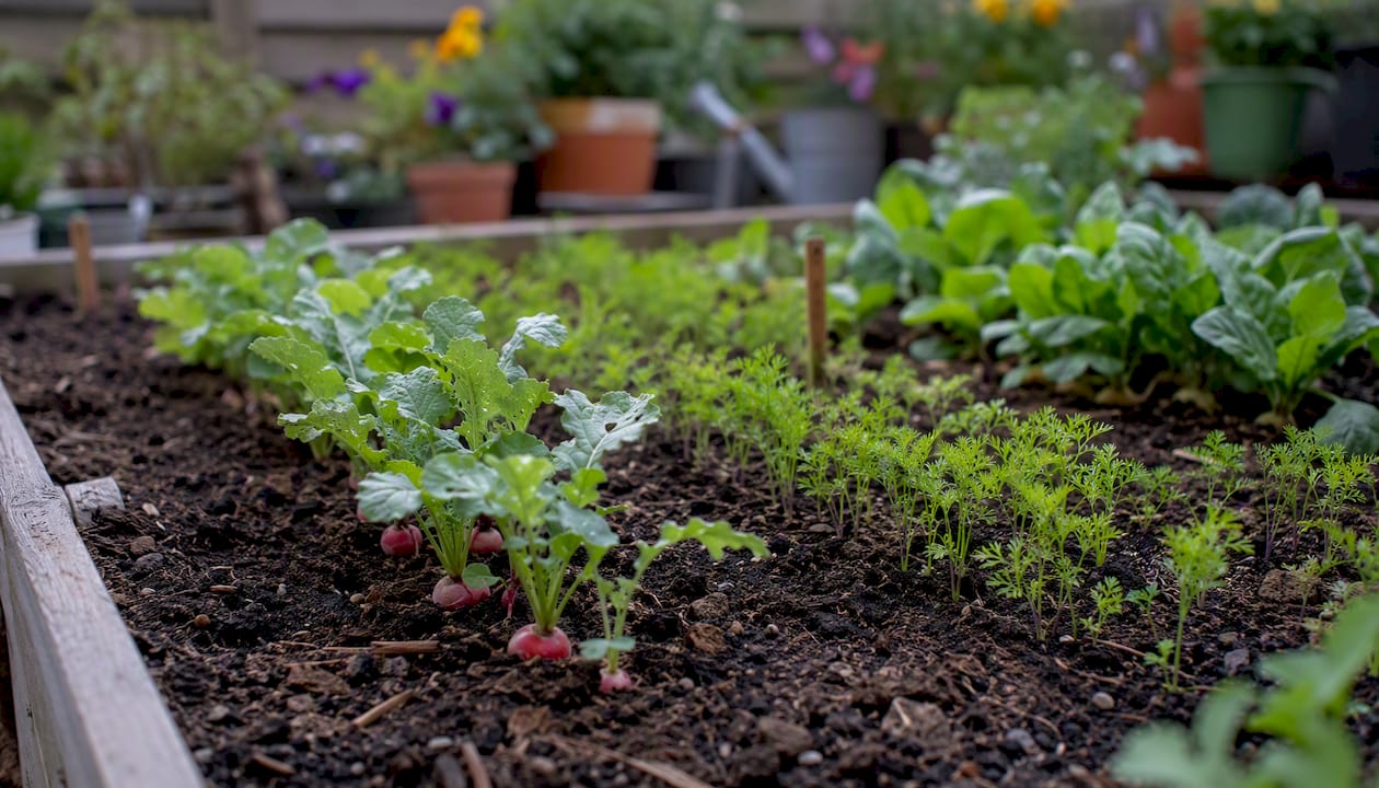 Raised bed with succession planting and spacing guide